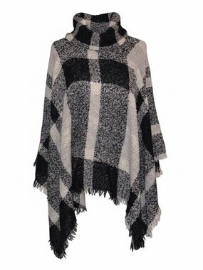 KNITTED SWEATER PONCHO Flannel Plaid Black, White and Gray One Size Fits Most